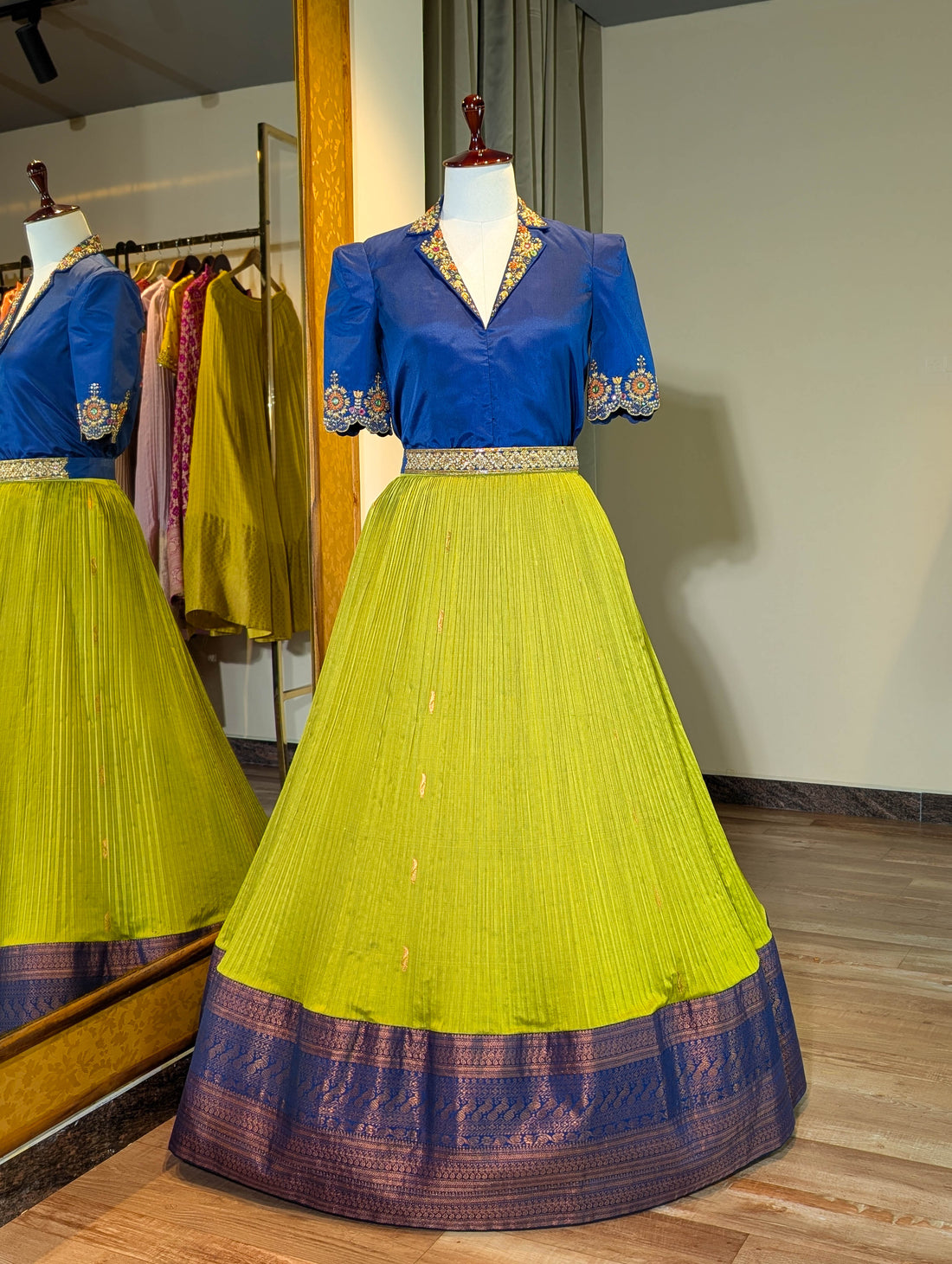 Regal Blue &amp; Lime Green Silk Lehenga