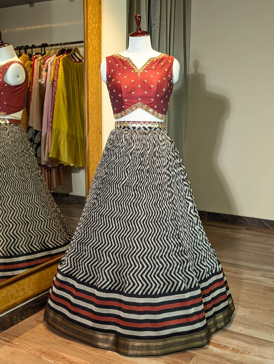 Elegant Maroon &amp; Black Chevron Lehenga
