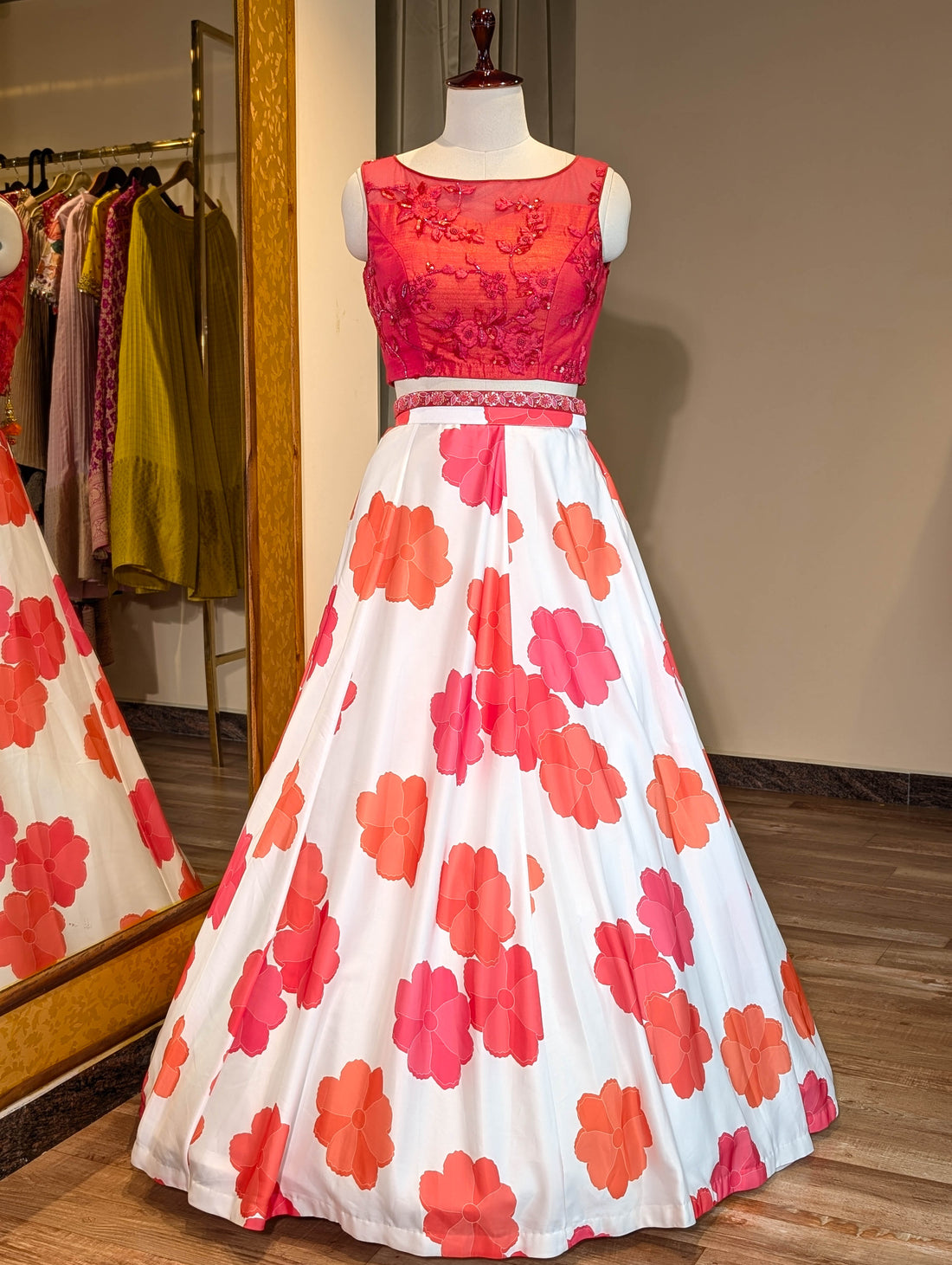 Vibrant Pink &amp; White Floral Lehenga with Embroidered Blouse
