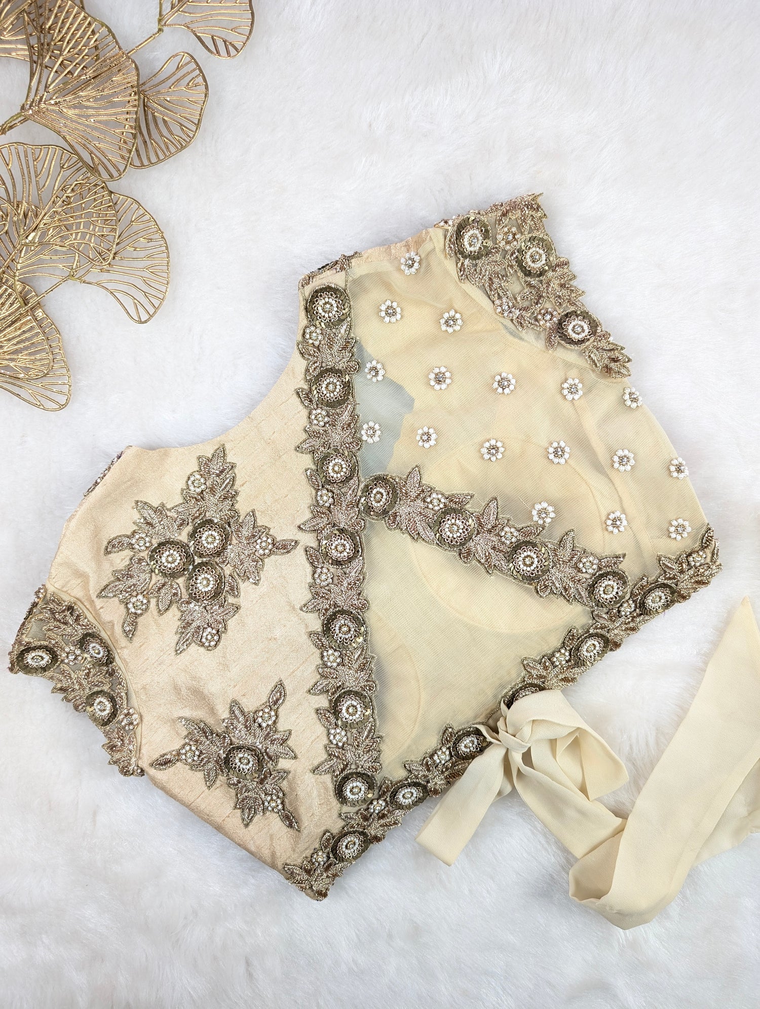 Beige Embroidered Silk Blouse with Zari Work