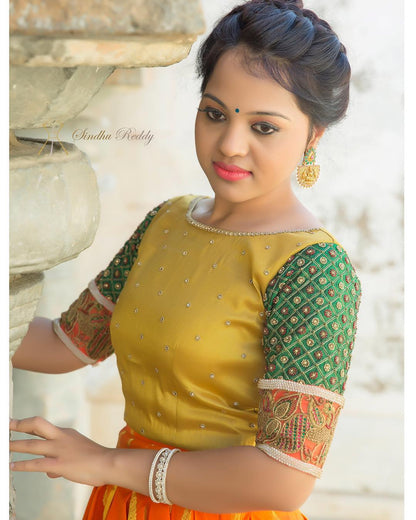 Golden Yellow Blouse with Rich Embroidered Sleeves