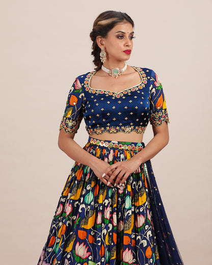 Navy Blue Hand Embroidered with Hand Pen Kalamkari Sleeves