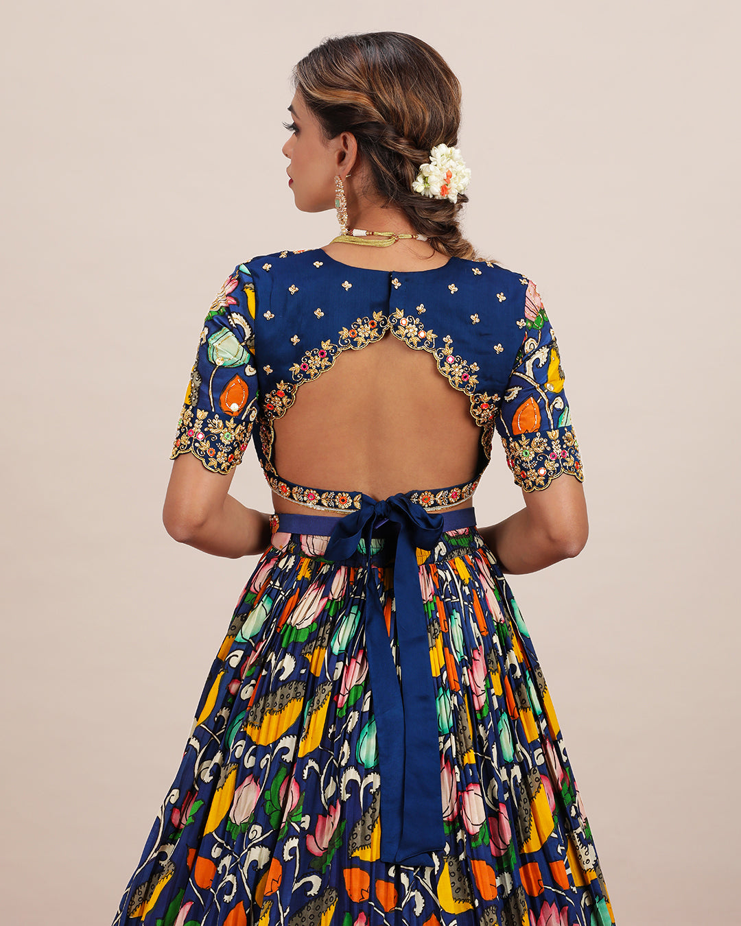 Navy Blue Hand Embroidered with Hand Pen Kalamkari Sleeves