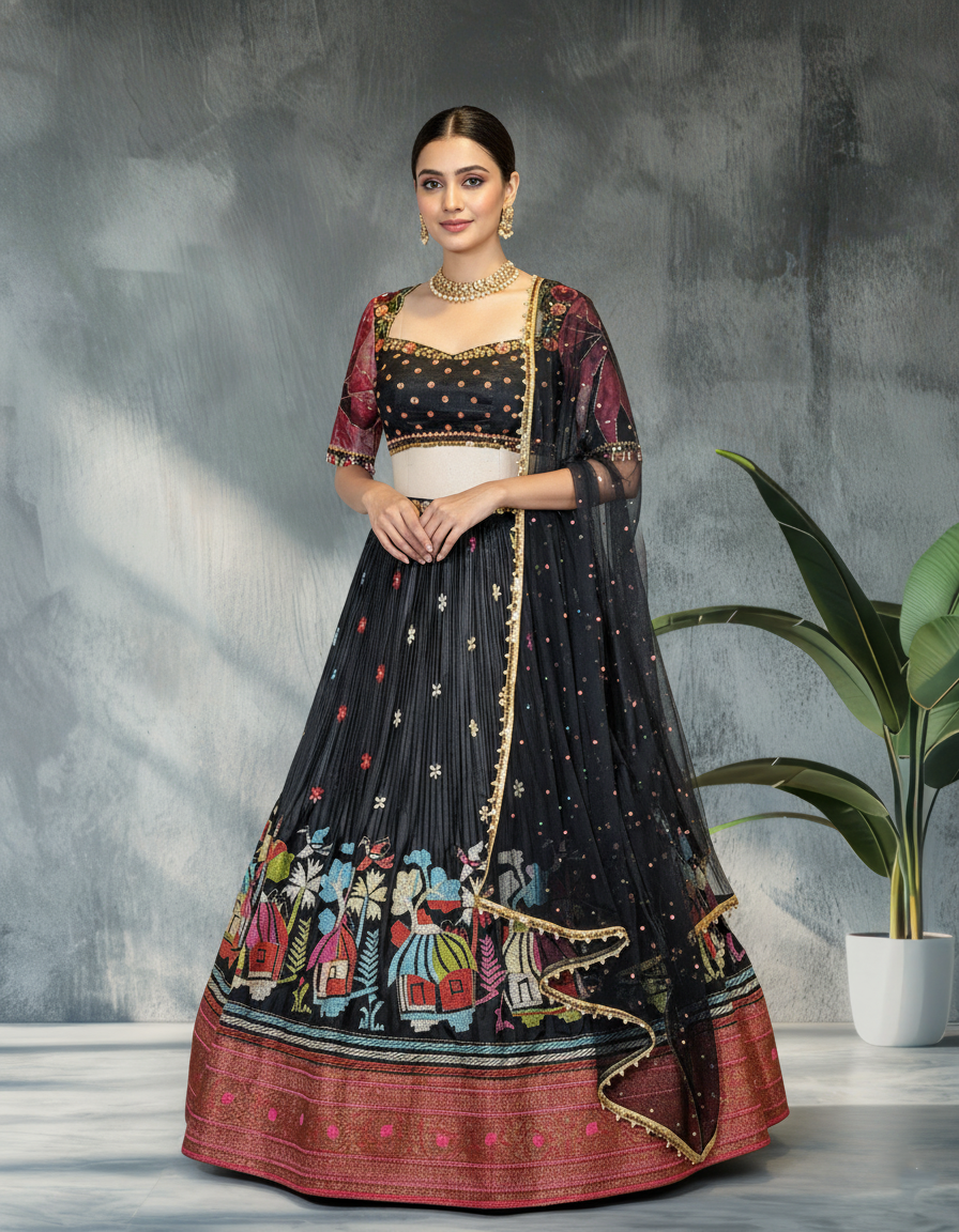 Black Kantha Embroidered Lehenga Set