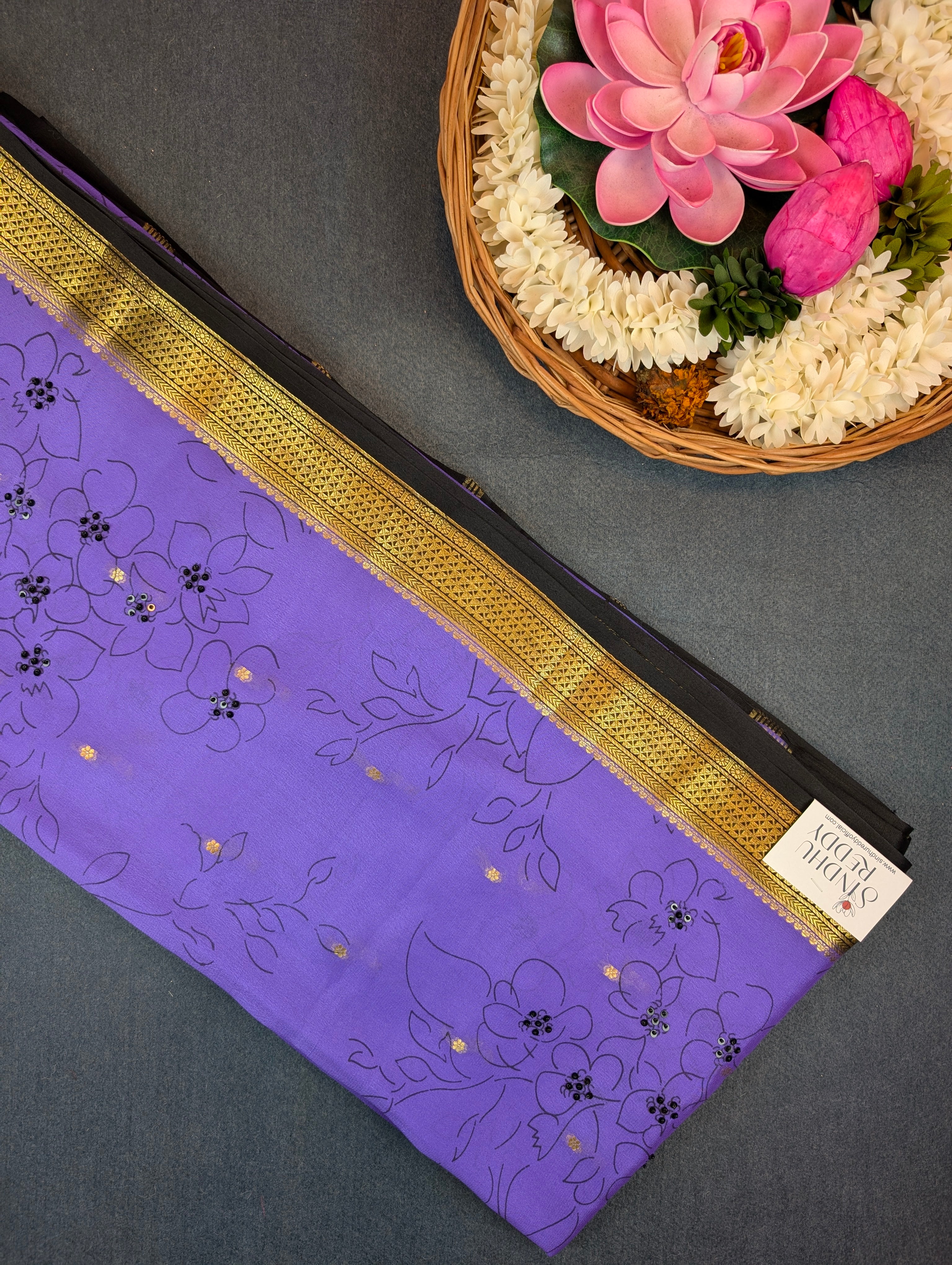 Pure Mysore Silk Crepe - Graceful Purple Floral Saree