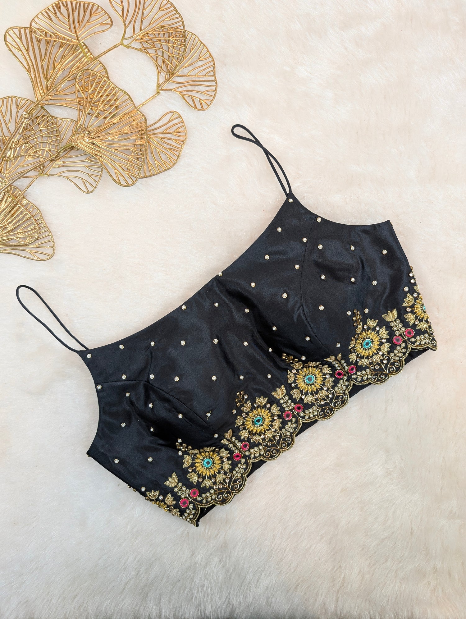 Black Sleeveless Embroidered Spaghetti Blouse