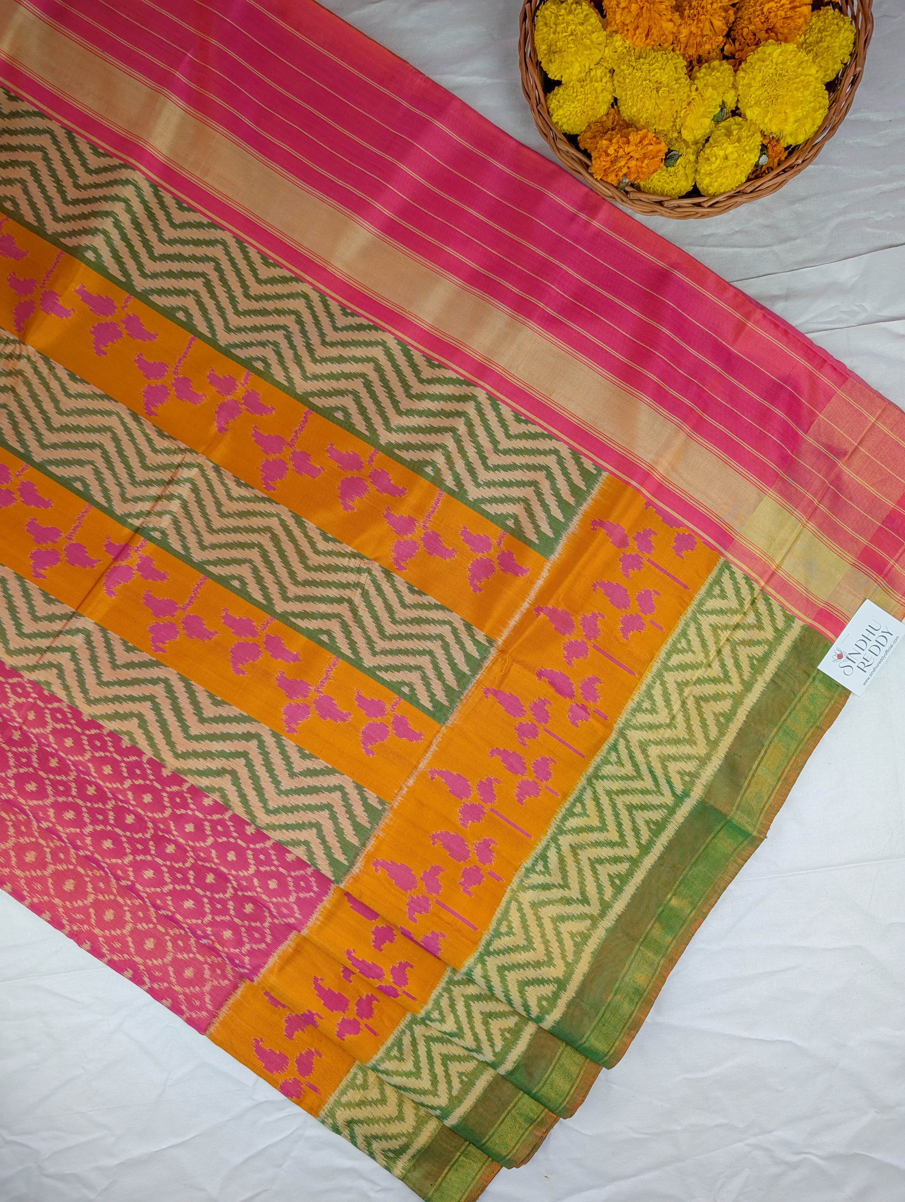 Handloom Patola Pure Silk Saree X Pink with Mustard &amp; Green Border