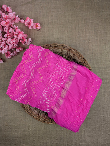Pure Mysore Silk Crepe X Bandhani - Rani Pink