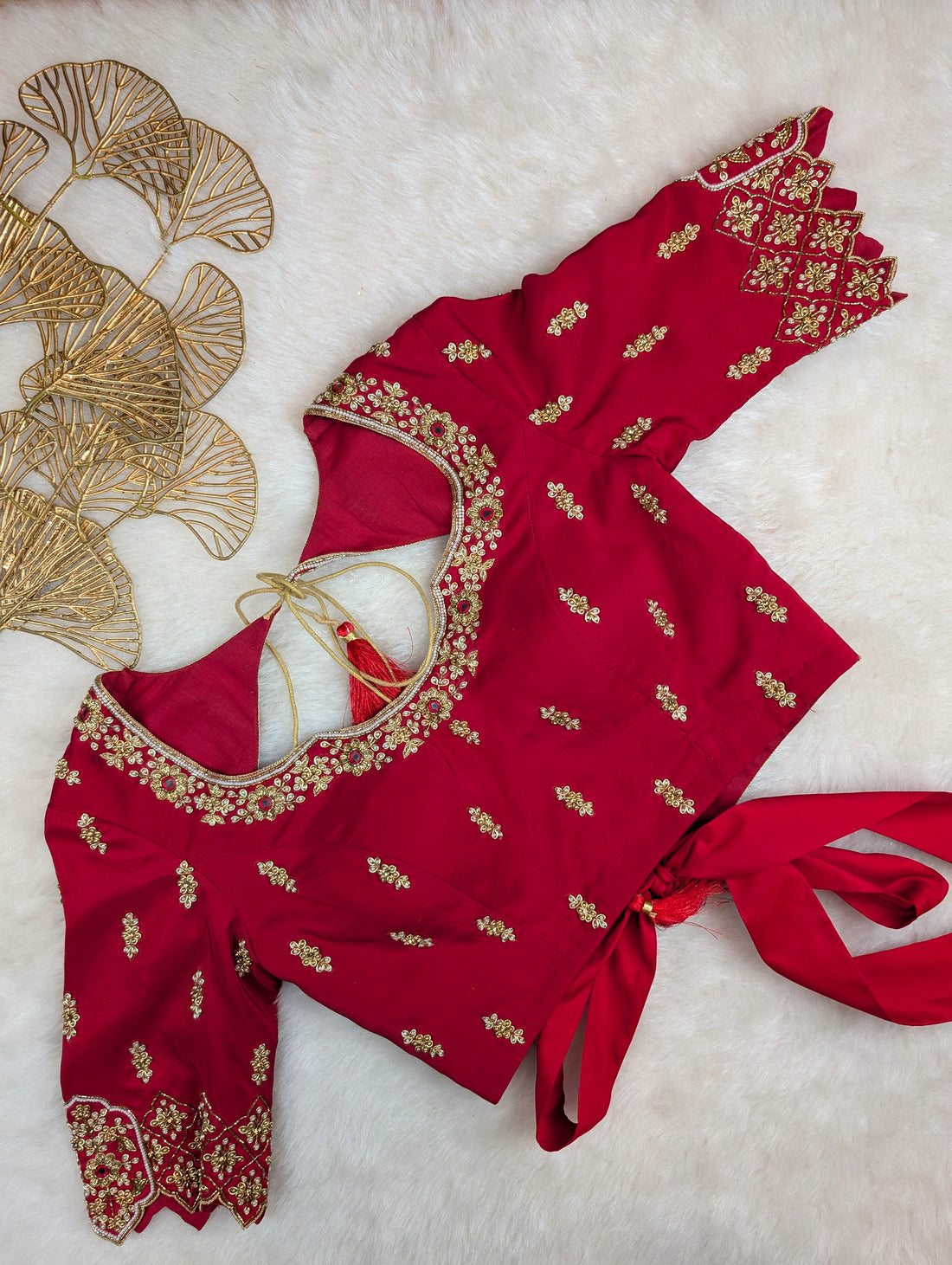 Elegant Red Hand Embroidered Embroidered Elbow-Sleeve Blouse
