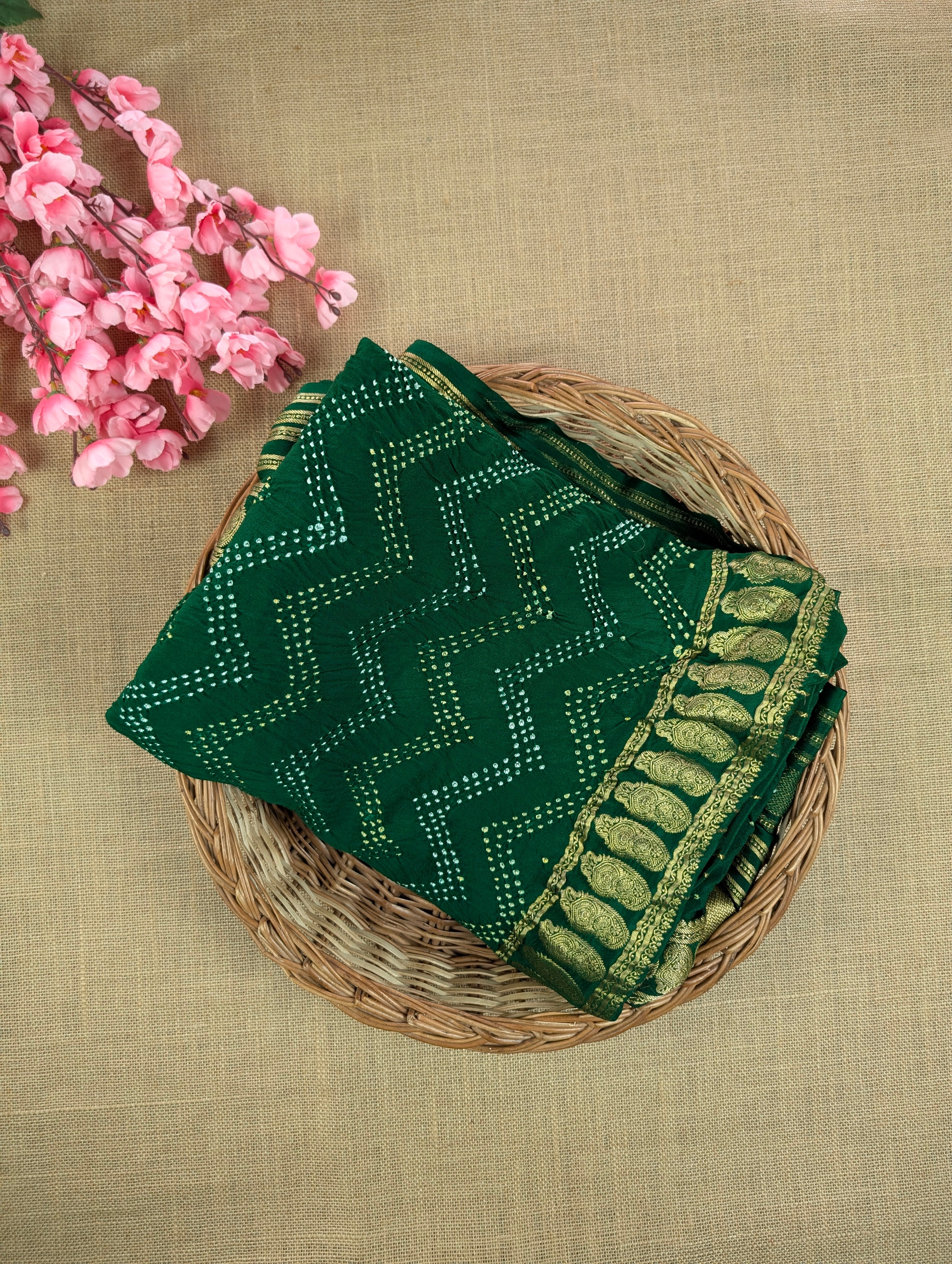 Pure Mysore Silk Crepe X Bandhani - Emerald Green