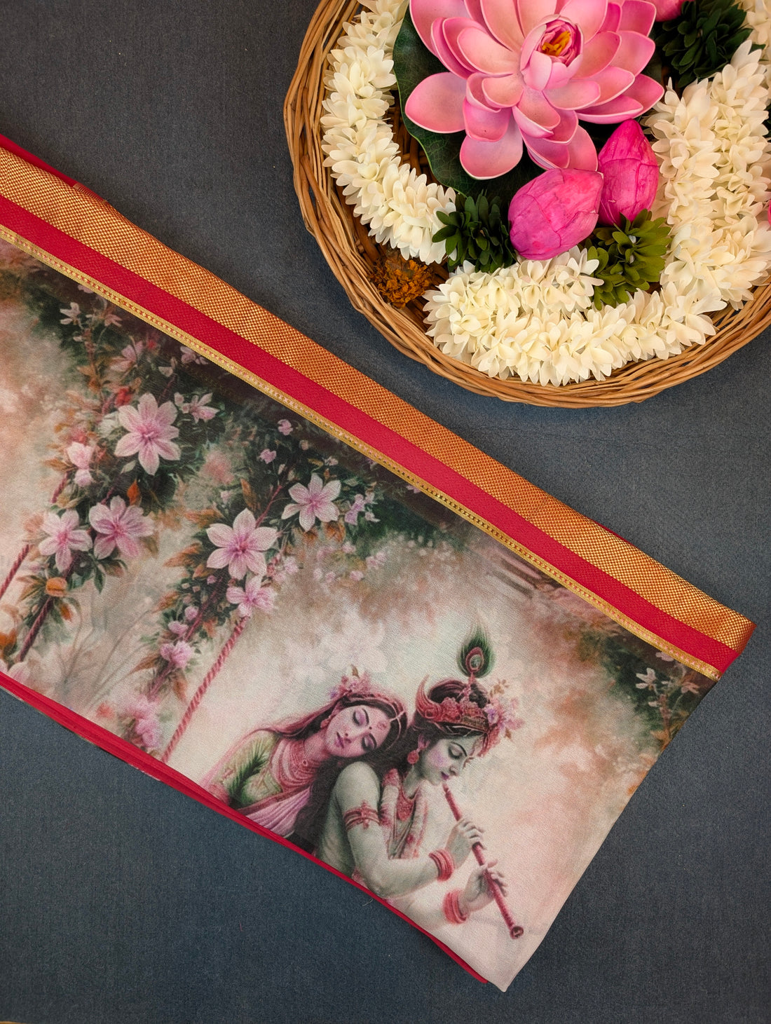 Pure Mysore Silk Crepe - Divine Radha Krishna Printed Saree