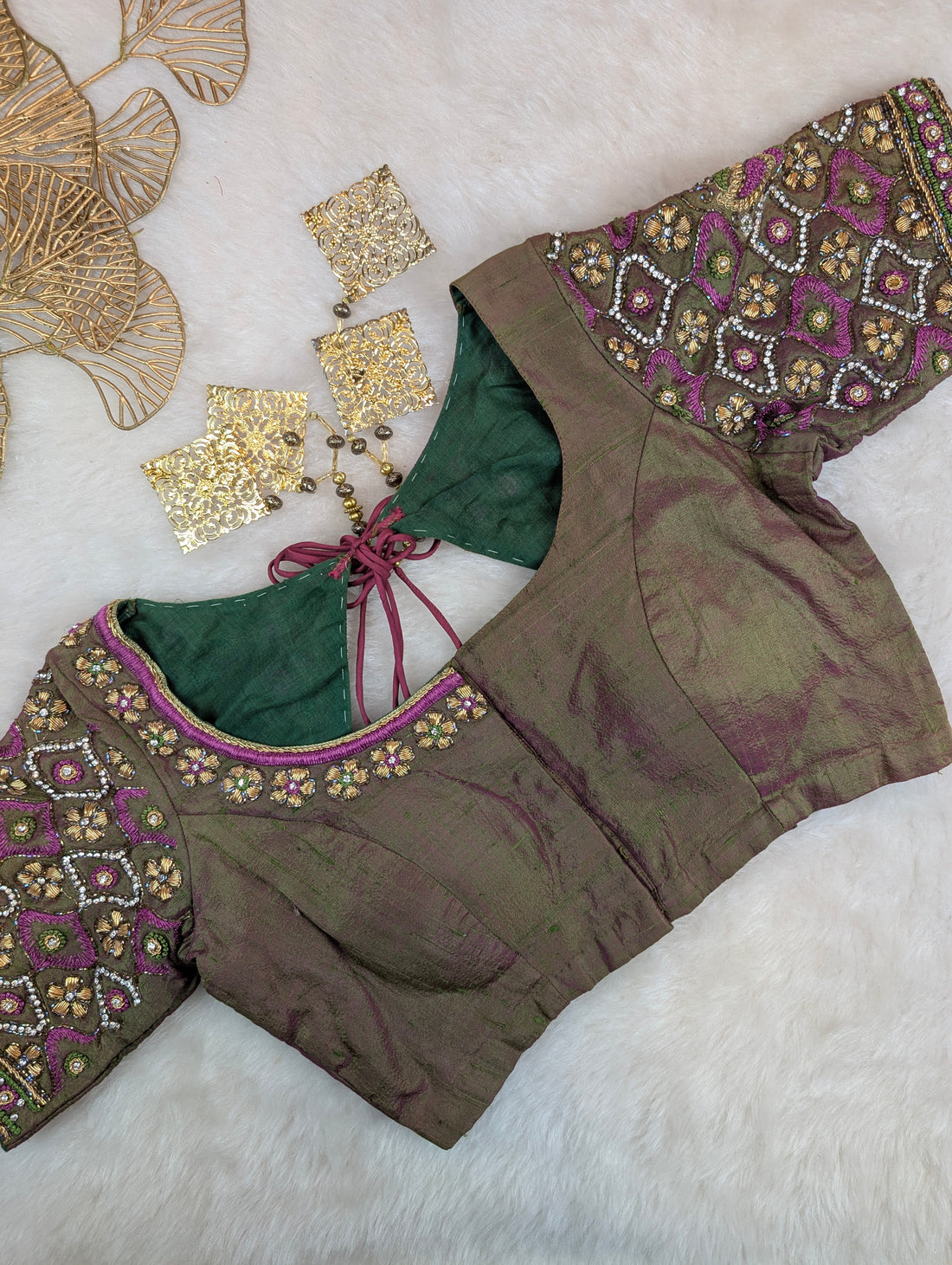 Elegant Hand Embroidered Greenish Purple Silk Blouse