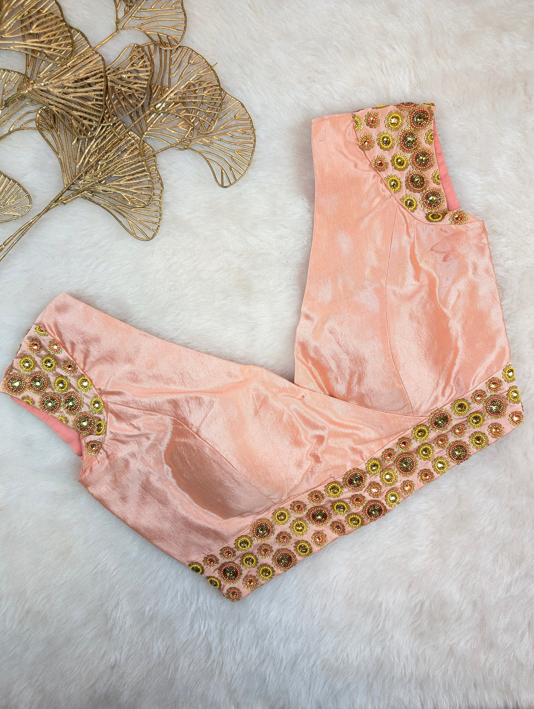 Blush Pink Satin Silk Blouse with Mirror Circle Embroidery