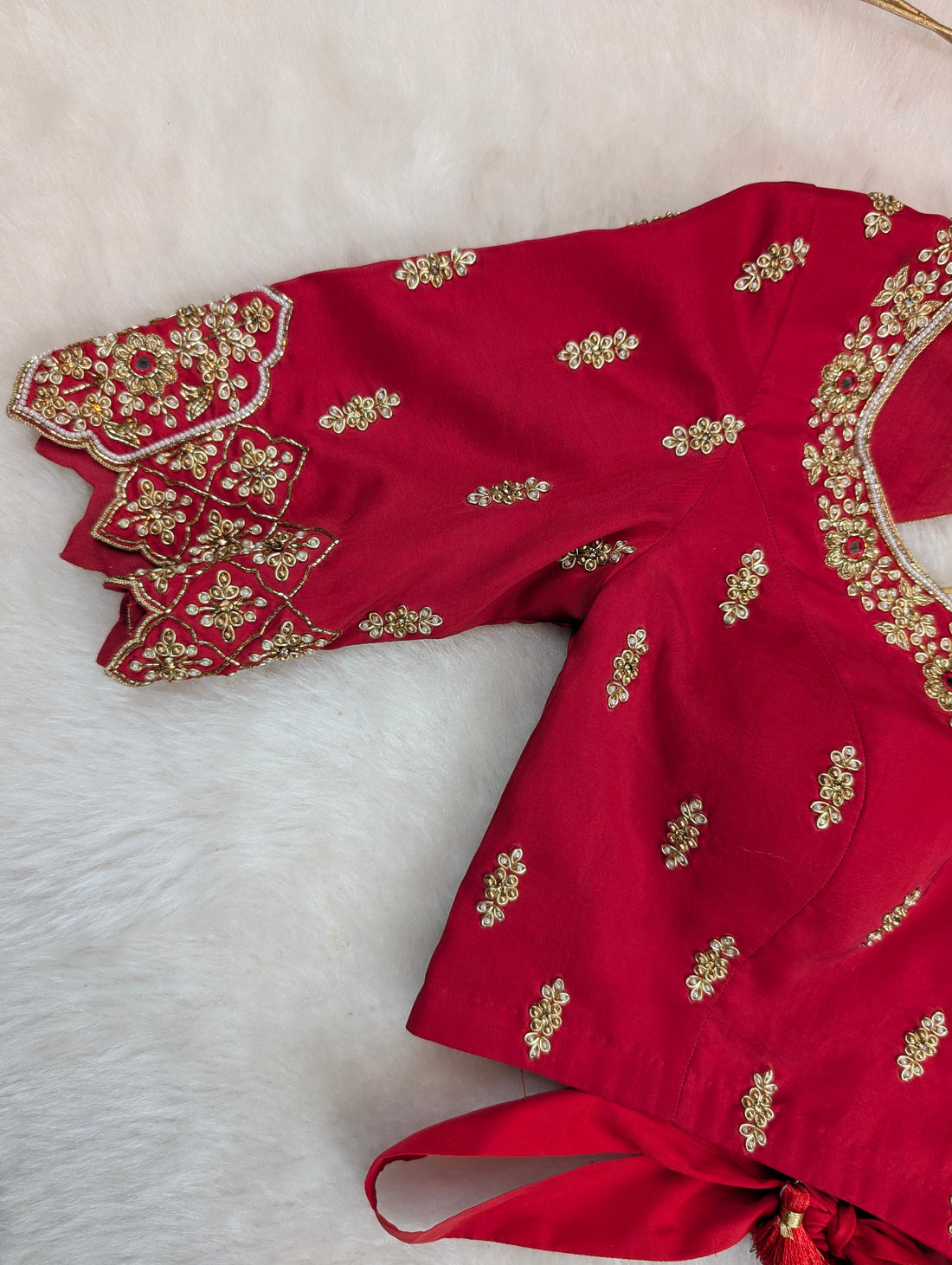 Elegant Red Hand Embroidered Embroidered Elbow-Sleeve Blouse