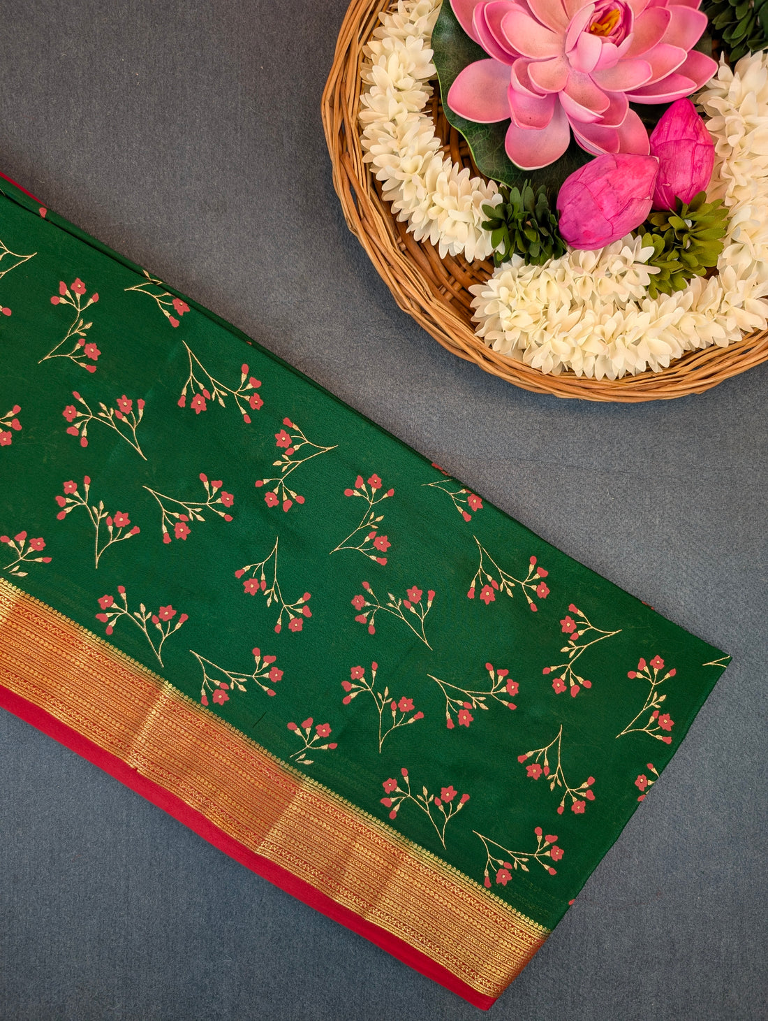 Pure Mysore Silk Crepe - Green with Red