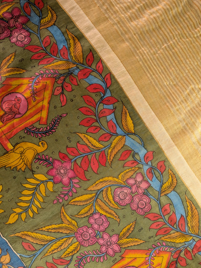 Organza X Pen Kalamkari - Olive Green