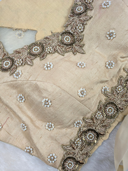 Beige Embroidered Silk Blouse with Zari Work