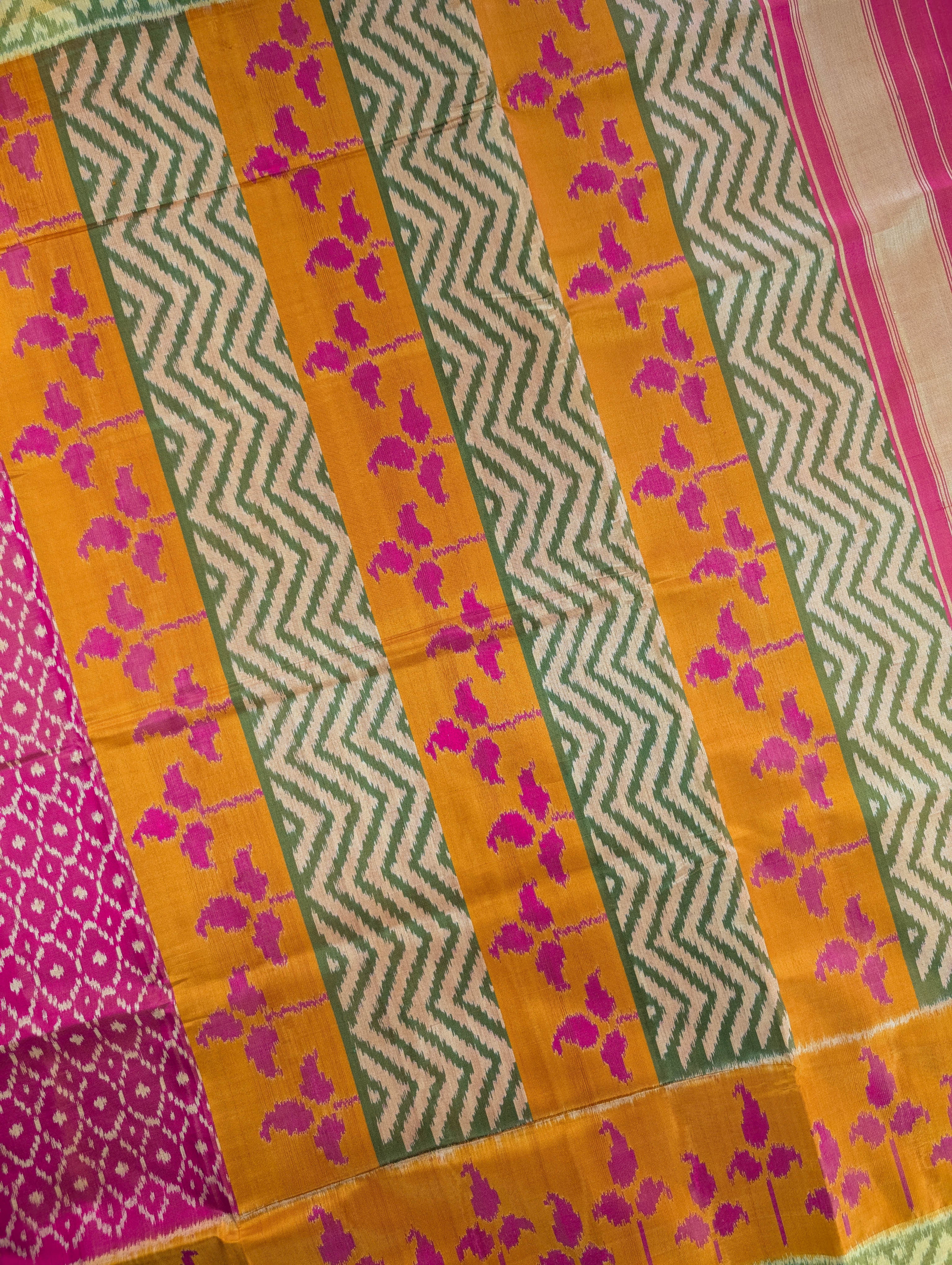 Handloom Patola Pure Silk Saree X Pink with Mustard &amp; Green Border