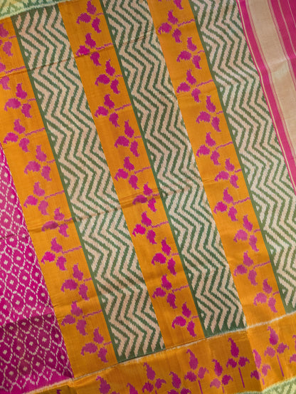 Handloom Patola Pure Silk Saree X Pink with Mustard &amp; Green Border