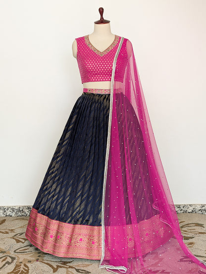 Pink &amp; Navy Blue Lehenga Set