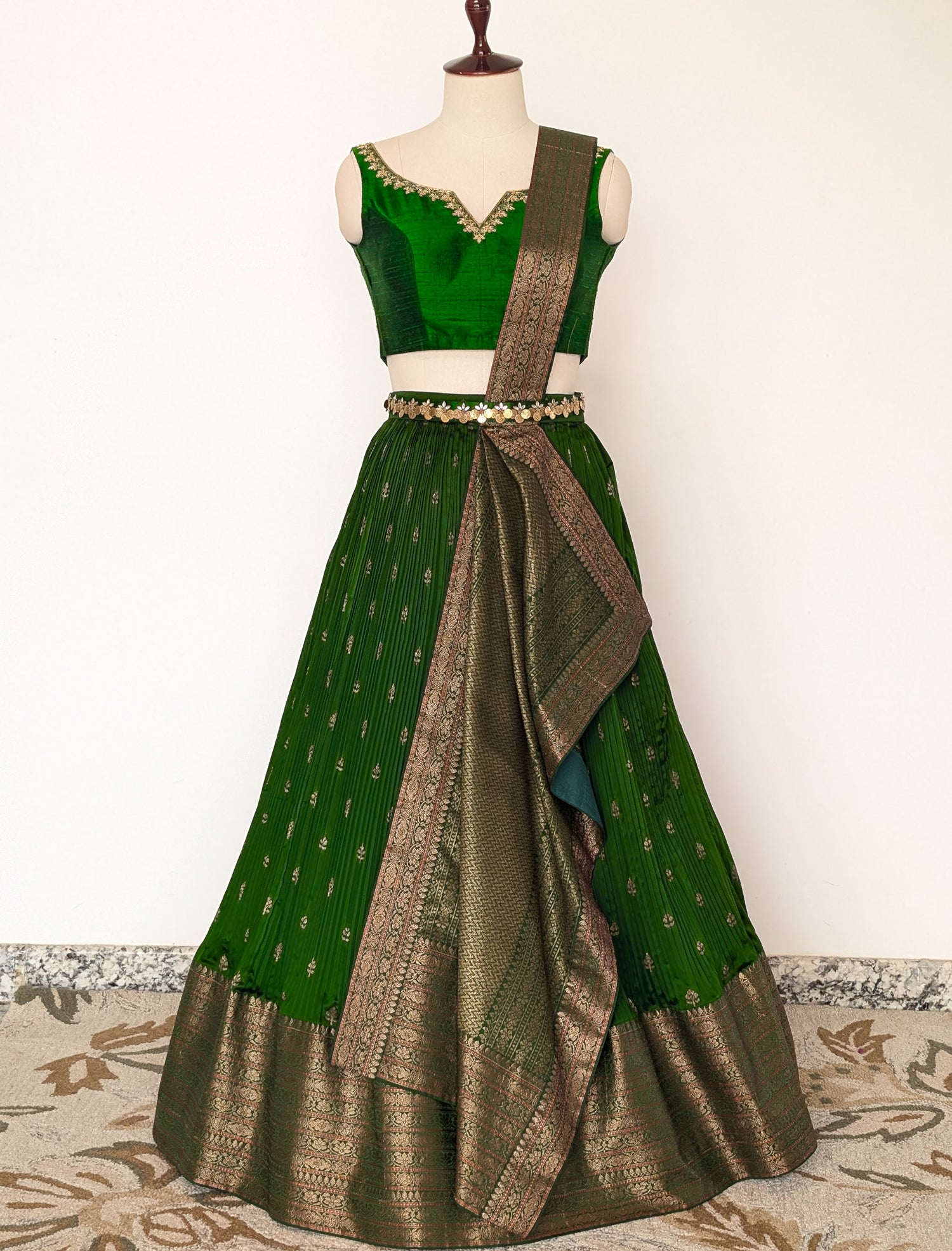 Emerald Green Pre Draped Lehenga Set