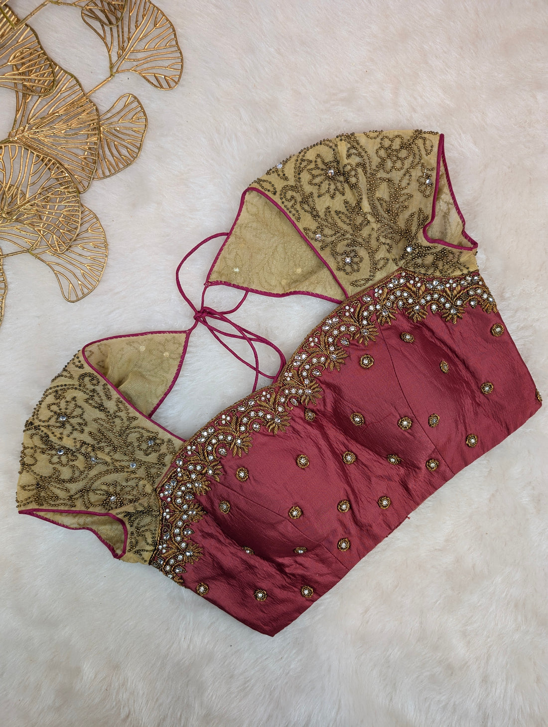 Maroon Silk Blouse with Net Sleeves and Embellished Detailing
