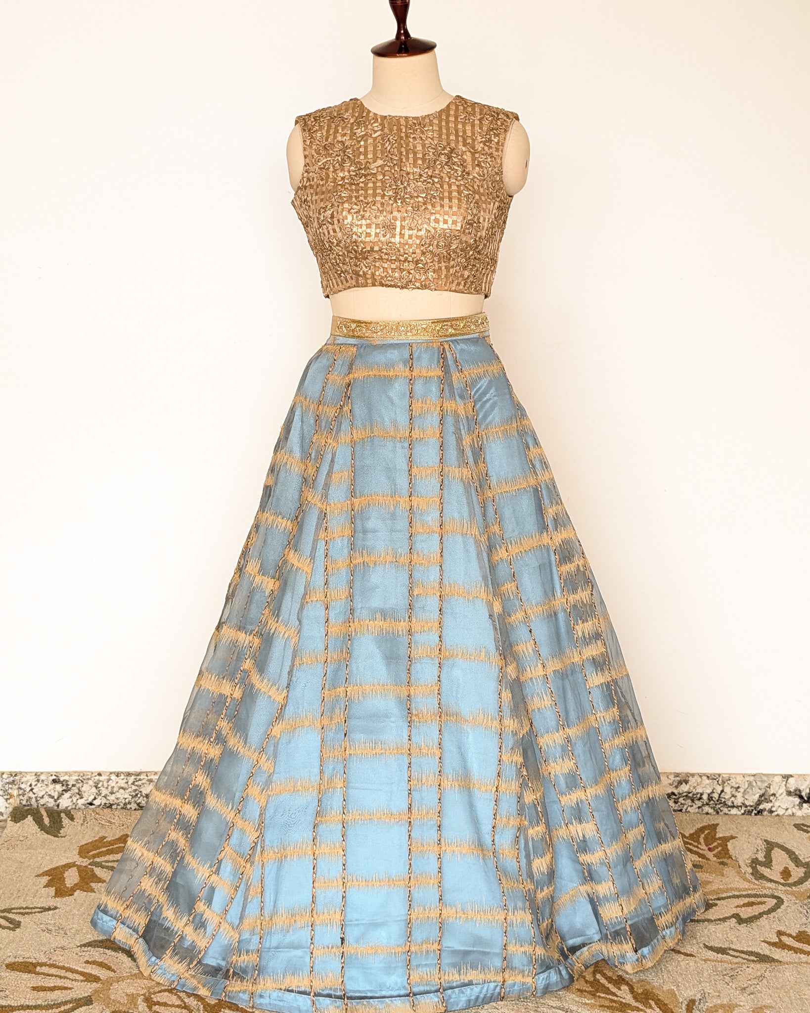 Powder Blue Skirt w/t Gold pattern blouse