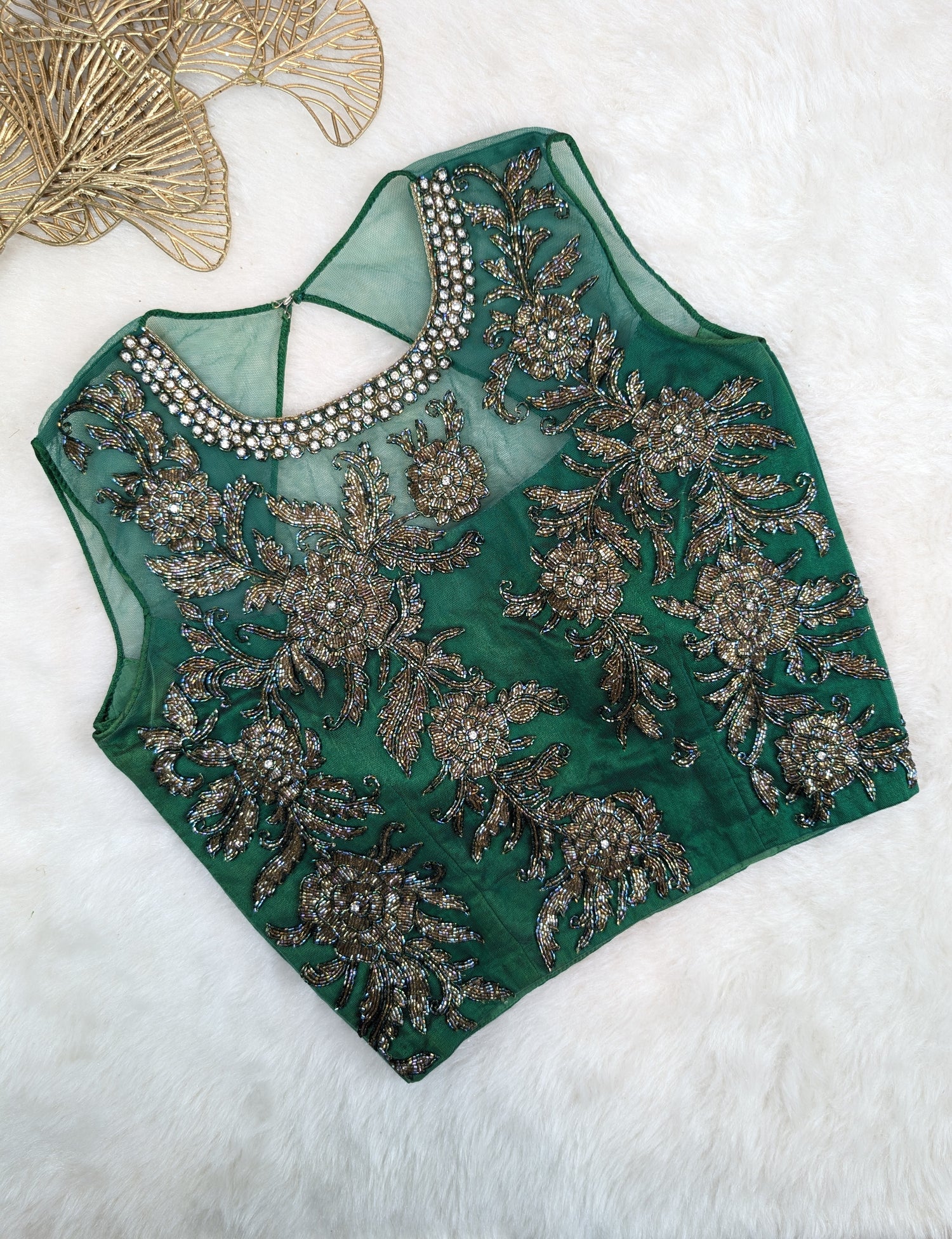 Emerald Green Sleeveless Net-Yoke Embroidered Blouse