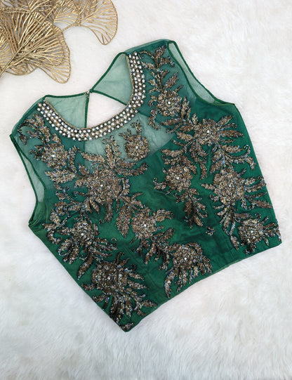 Emerald Green Sleeveless Net-Yoke Embroidered Blouse