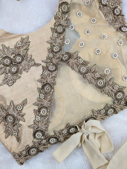 Beige Embroidered Silk Blouse with Zari Work