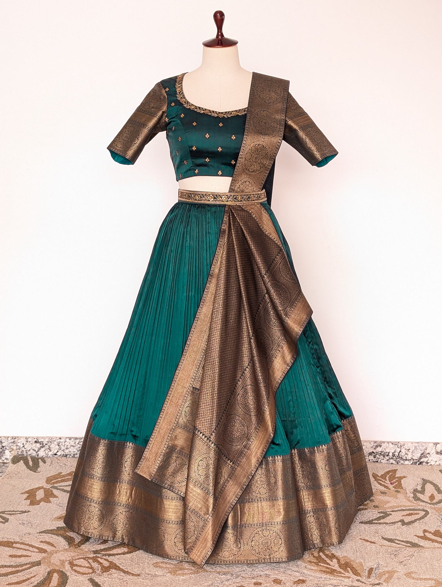 Teal Green Pre Draped Lehanga Set