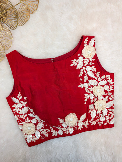 Red Embroidered Sleeveless Blouse