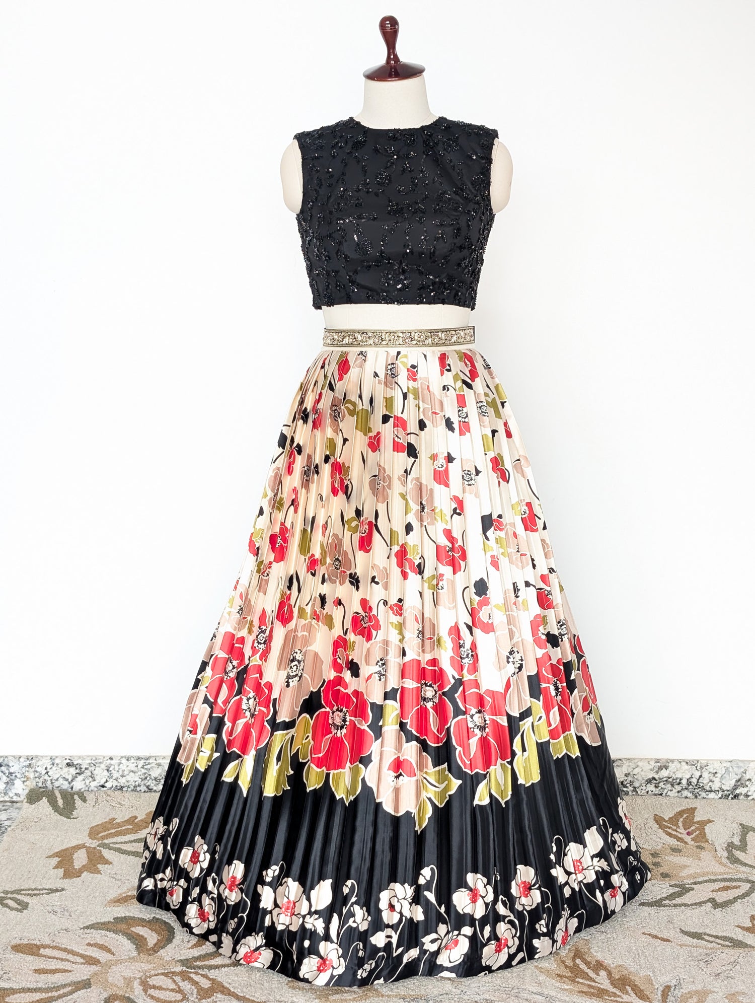 Chic Black Floral Pleated Lehenga