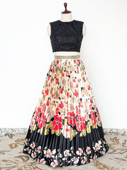 Chic Black Floral Pleated Lehenga