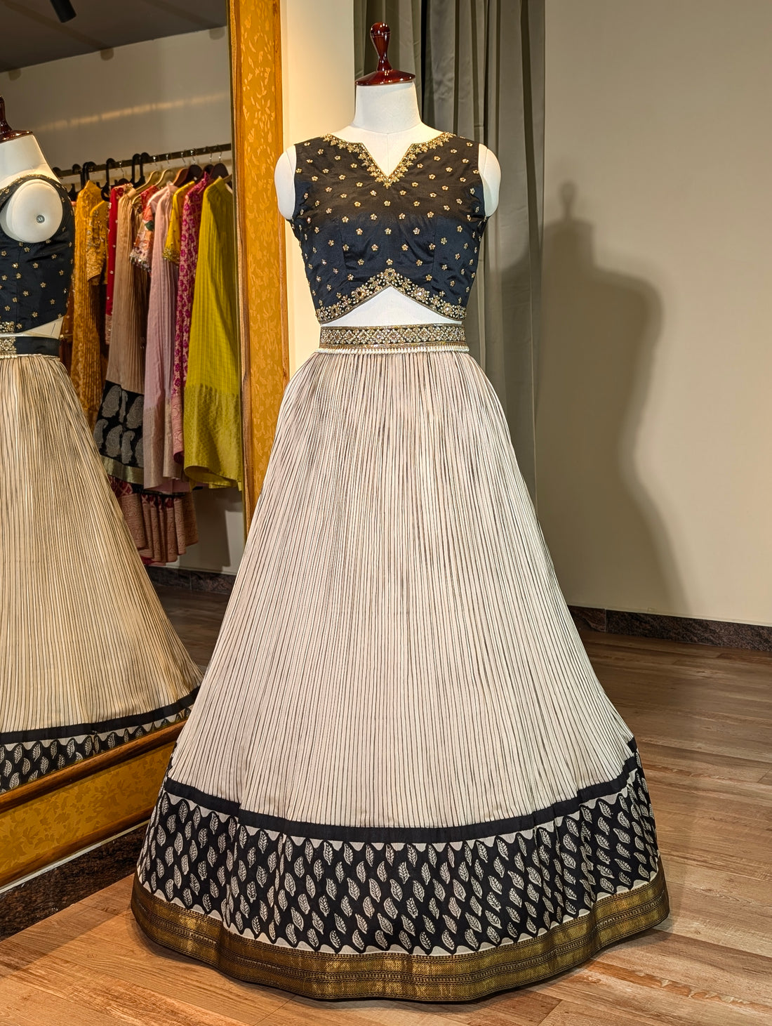 Beige Skirt with Black Leaf Motif Border