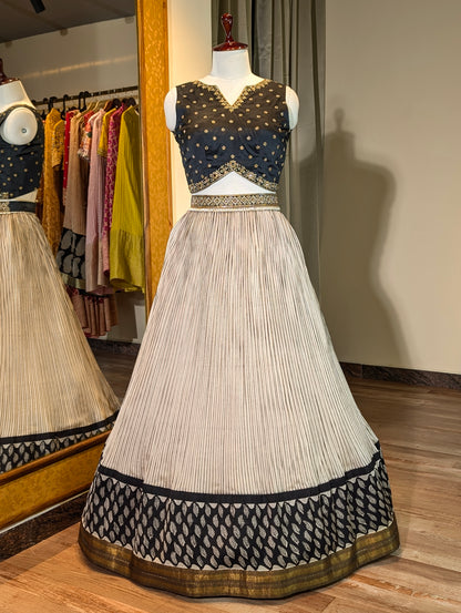 Beige Skirt with Black Leaf Motif Border
