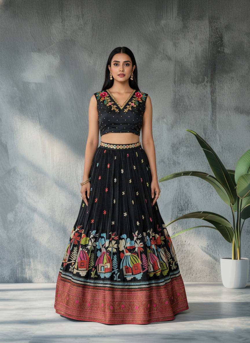 Black Kantha Embroidered Crop Top Skirt
