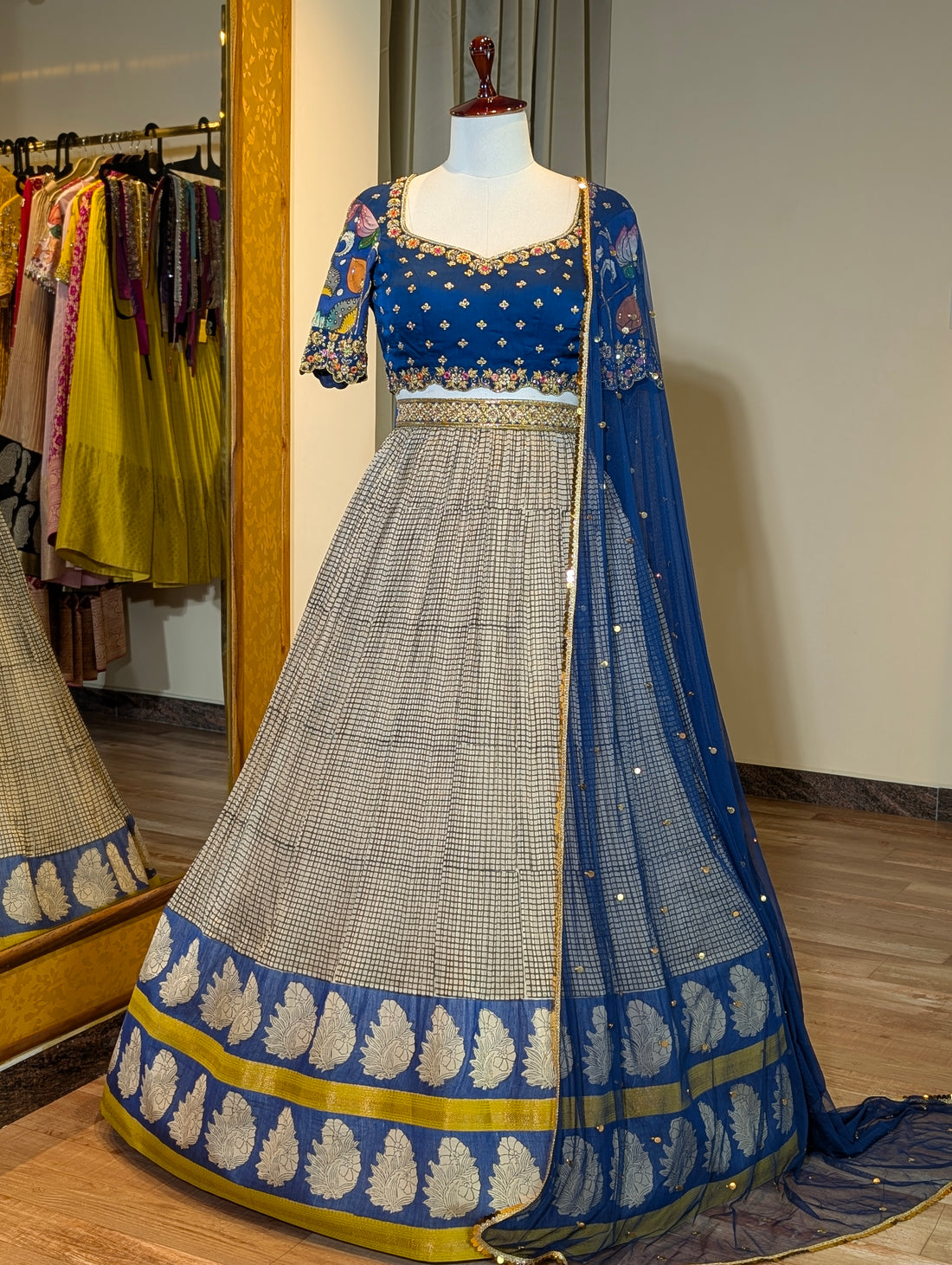 Beige Checked Lehanga Set with Blue Floral Motif Border