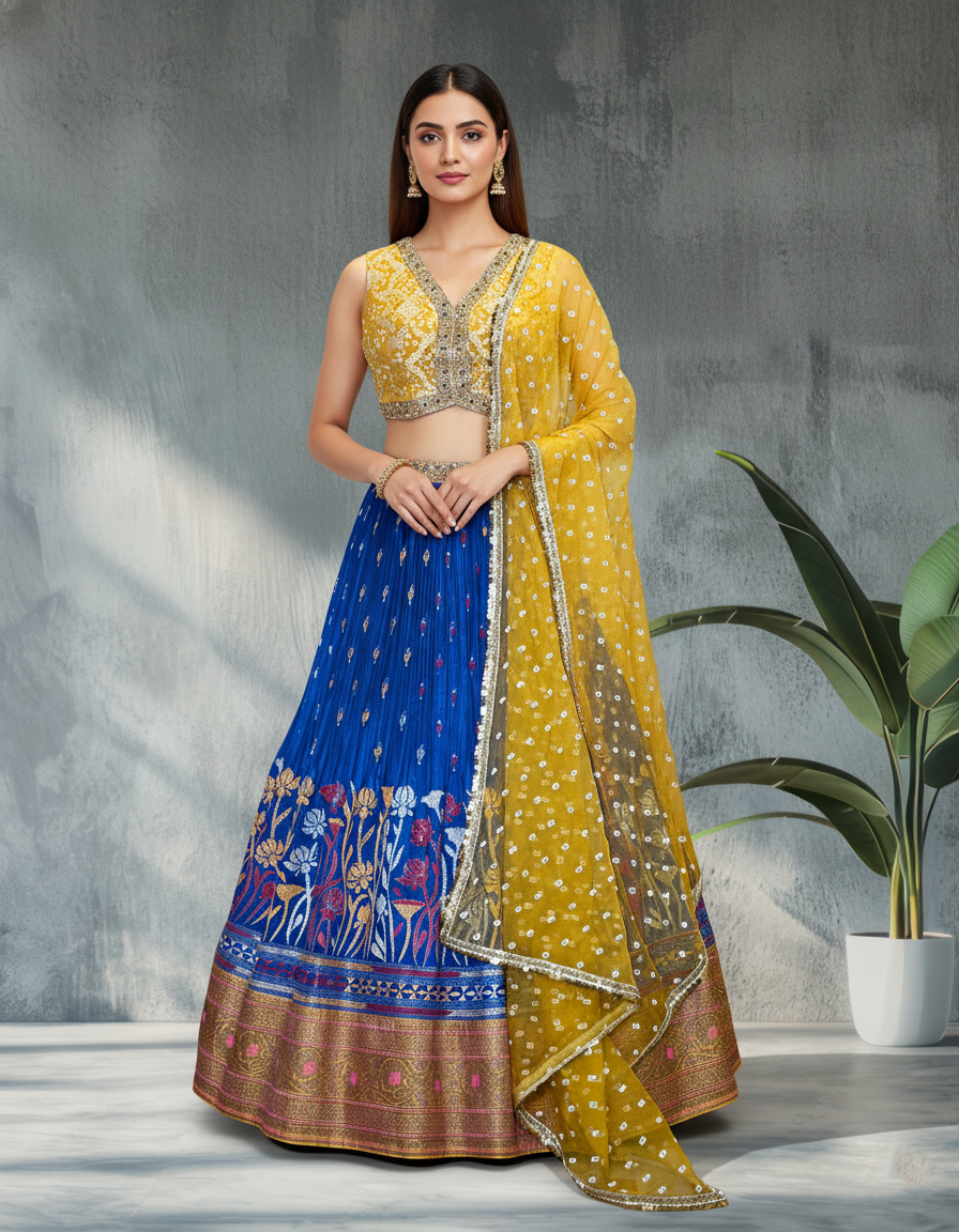 Yellow Bandhani Blouse &amp; Kantha Embroidered Lehenga Set