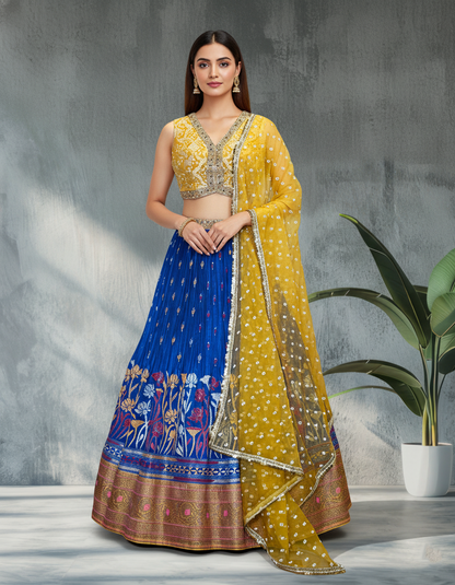Yellow Bandhani Blouse &amp; Kantha Embroidered Lehenga Set