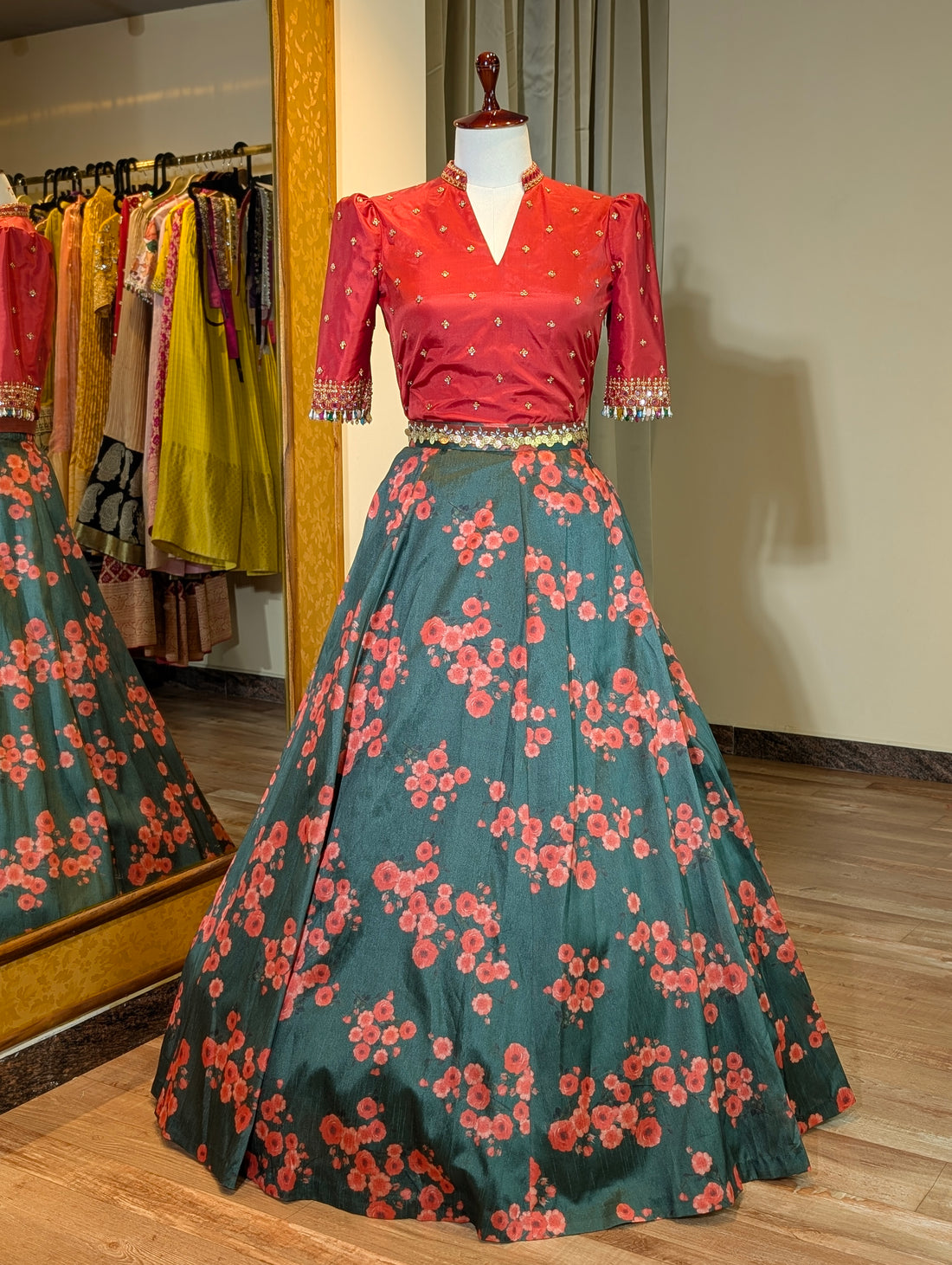 Floral Charm Green &amp; Red Lehenga