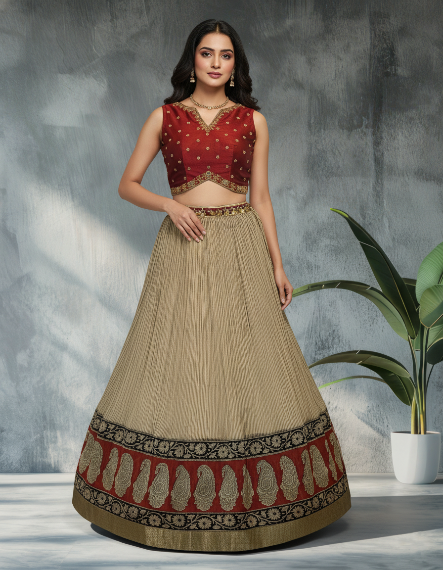 Maroon &amp; Beige Embroidered Crop Top Skirt