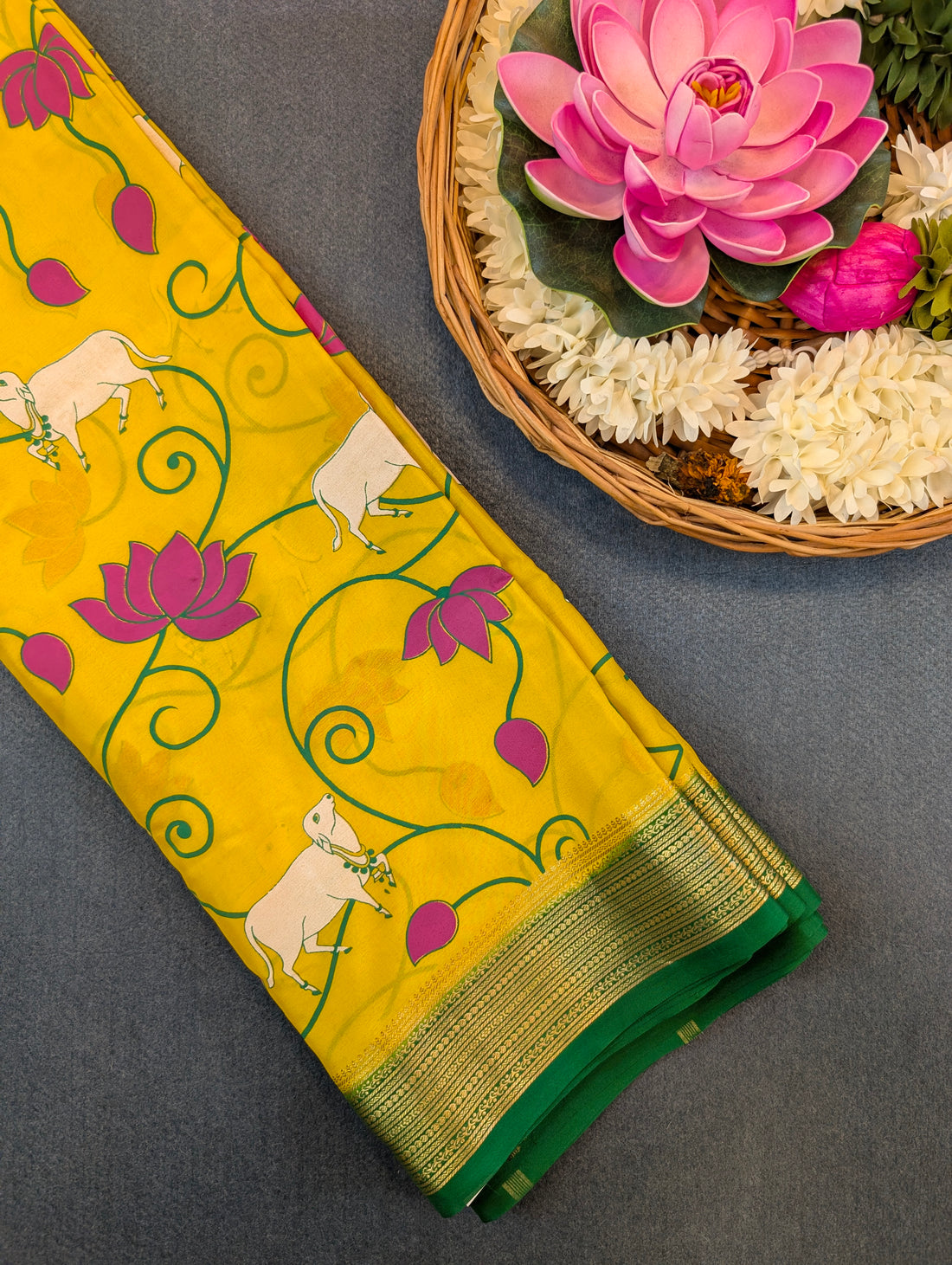 Pure Mysore Silk Crepe - Lemon Yellow with Bottle Green
