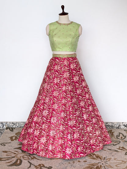 Pink Floral Skirt w/t Pastel Green Blouse