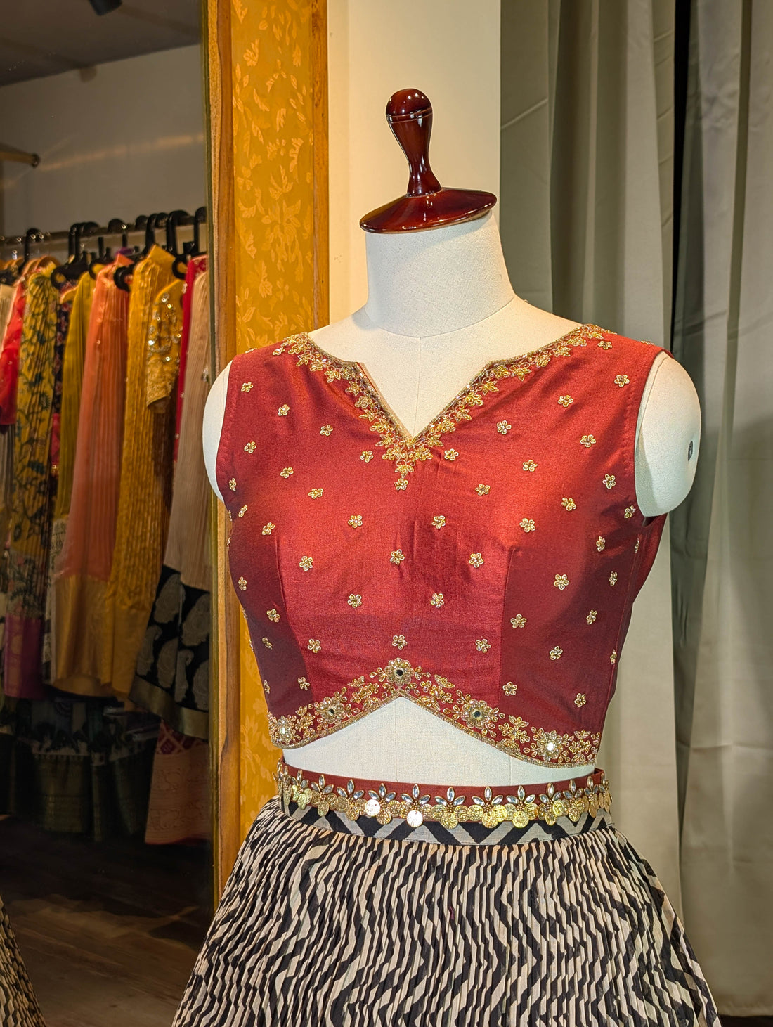 Elegant Maroon &amp; Black Chevron Lehenga