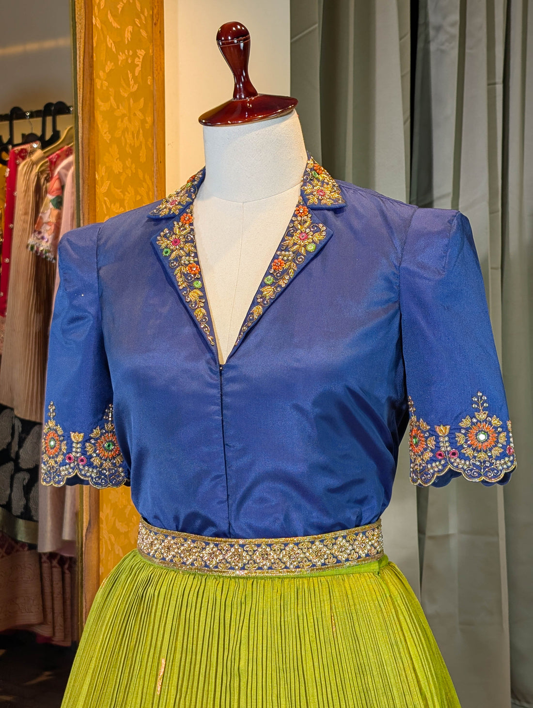 Regal Blue &amp; Lime Green Silk Lehenga