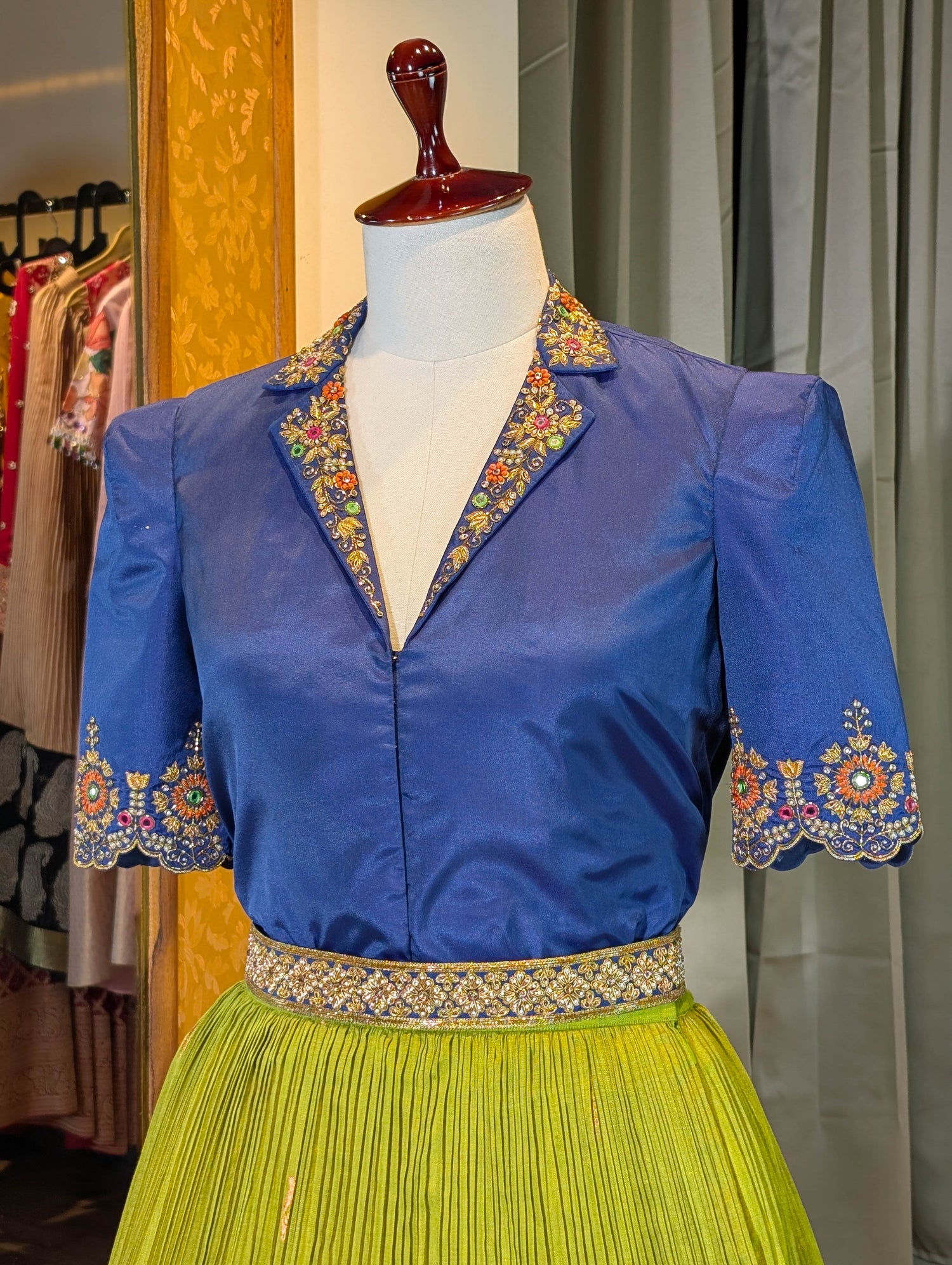 Regal Blue &amp; Lime Green Silk Lehenga
