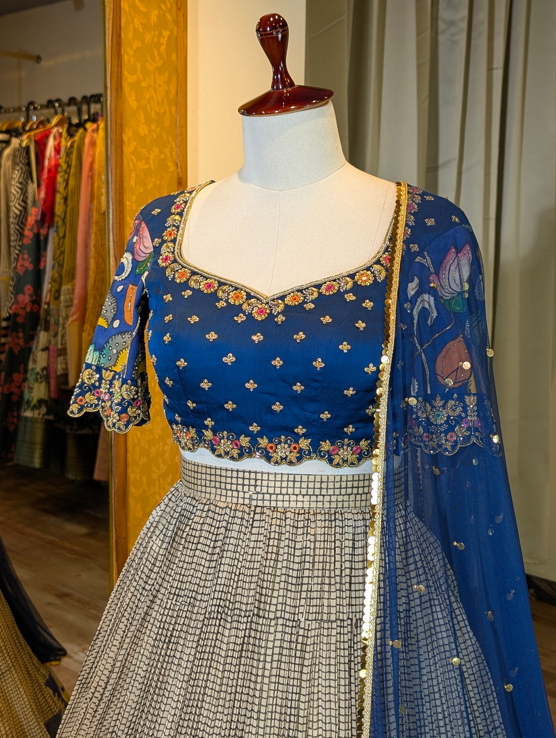 Beige Checked Lehanga Set with Blue Floral Motif Border