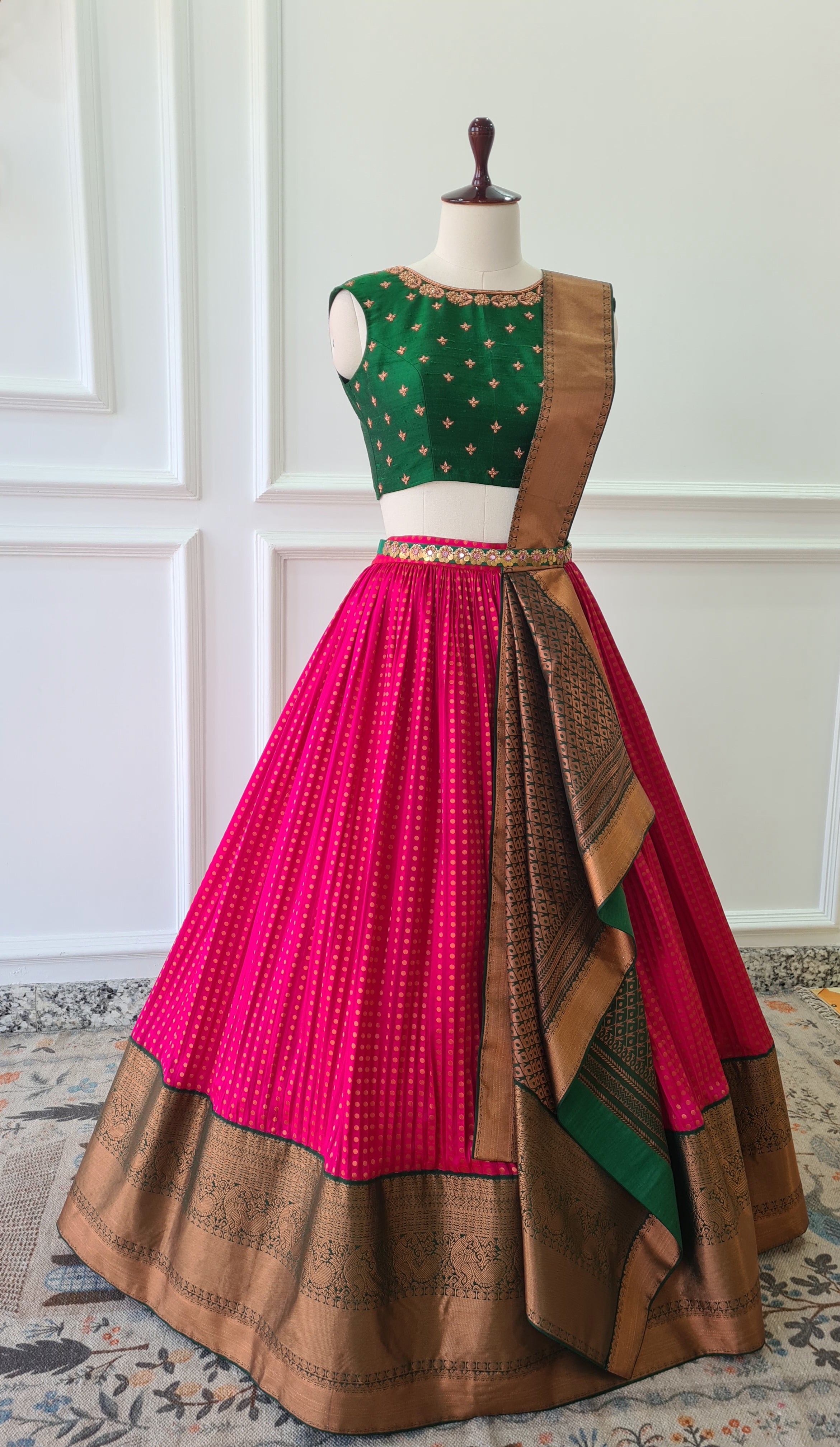 Green & Pink Pre-Draped Lehanga Set