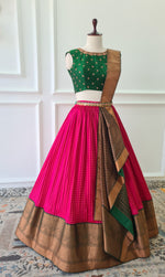Load image into Gallery viewer, Sale1036 - Green &amp; Pink Pre-Draped Lehanga Set

